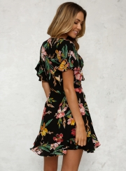 Deep V Neck Flounce Floral Printed Dress