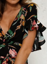 Deep V Neck Flounce Floral Printed Dress