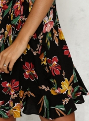 Deep V Neck Flounce Floral Printed Dress