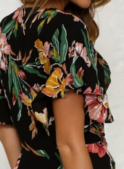 Deep V Neck Flounce Floral Printed Dress