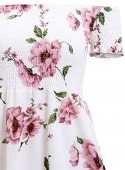 Off the Shoulder Floral Printed Smocking Mini Length