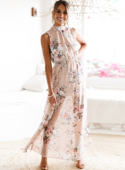 Fashion Halter Backless Slit Floral Printed Maxi Dress