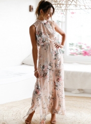 Fashion Halter Backless Slit Floral Printed Maxi Dress