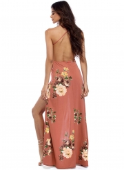 Casual V Neck Backless Slit Floral Printed Maxi Dress