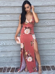 Casual V Neck Backless Slit Floral Printed Maxi Dress