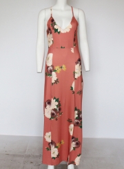 Casual V Neck Backless Slit Floral Printed Maxi Dress