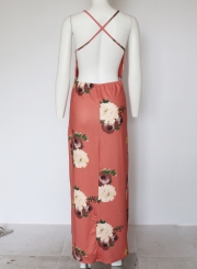 Casual V Neck Backless Slit Floral Printed Maxi Dress