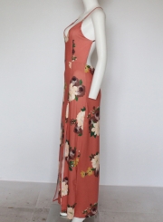 Casual V Neck Backless Slit Floral Printed Maxi Dress