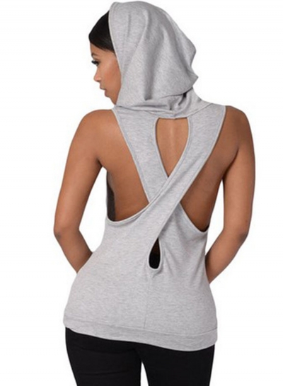 Hooded Back Cross Sleeveless Tee Shirt YOUYOUFASHIONEC.com