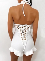 Halter Backless Flounce Lace-up Romper