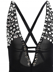 V Neck Sleeveless Backless Rhinestone Bodysuit