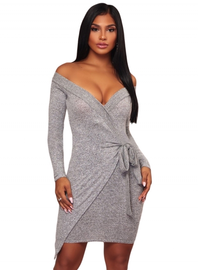 V Neck Long Sleeve Tie Waist Knit Dress LEXELFASHIONINTSHOPS.com