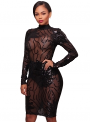 Sequins High Neck Transparent Bodycon Dress