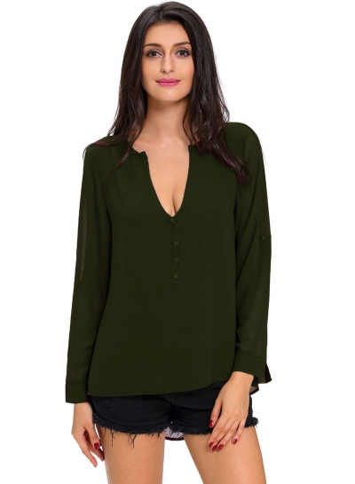 V-Neck Button Detail Dip Back Blouse