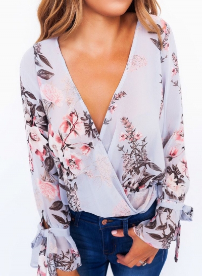 V Neck Long Sleeve Floral Printed Blouse YOUYOUFASHIONEC.com