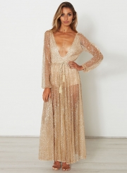 Deep V Neck Long Sleeve Sequins Maxi Dress