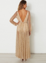 Deep V Neck Long Sleeve Sequins Maxi Dress