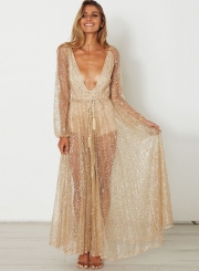 Deep V Neck Long Sleeve Sequins Maxi Dress