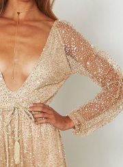 Deep V Neck Long Sleeve Sequins Maxi Dress