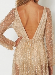 Deep V Neck Long Sleeve Sequins Maxi Dress