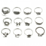 Fashion 12 Pieces Leaf Feather Round Finger Rings Multiple Sets Of Rings