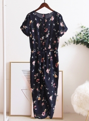 Fashion Short Sleeve Floral Printed Pencil Jumpsuit for Women