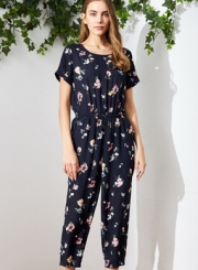 Fashion Short Sleeve Floral Printed Pencil Jumpsuit for Women