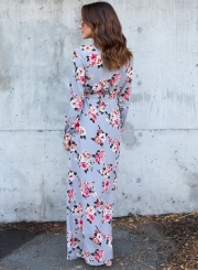 Spring Sexy Slit Floral printing Long Sleeve V Neck Maxi Dress