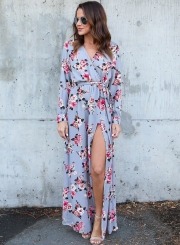 Spring Sexy Slit Floral printing Long Sleeve V Neck Maxi Dress