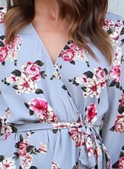 Spring Sexy Slit Floral printing Long Sleeve V Neck Maxi Dress