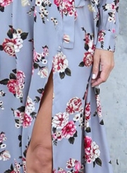 Spring Sexy Slit Floral printing Long Sleeve V Neck Maxi Dress