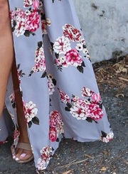 Spring Sexy Slit Floral printing Long Sleeve V Neck Maxi Dress