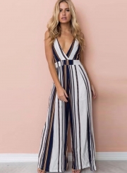 Fashion Spaghetti Strap Jumpsuits Striped Deep V Neck Rompers