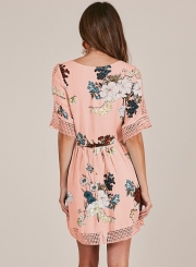 Bohemia Lace Joint Floral Printing Half Sleeve V Neck Dress