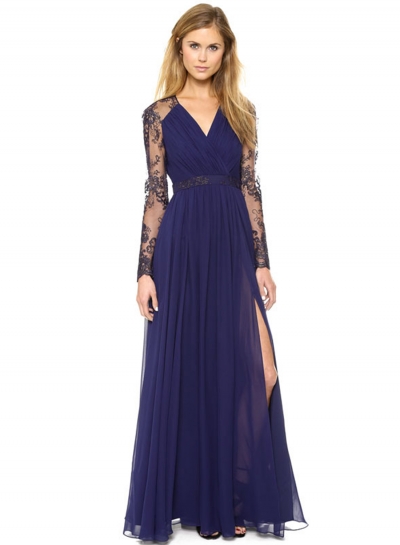 Fashion Lace Embroidery Joint Hollowed Out V Neck Maxi Dress YOUYOUFASHIONEC.com