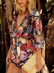 Summer Leisure Floral Printing Half Sleeve Deep V Neck Jumpsuits