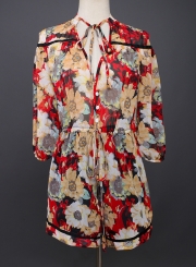 Summer Leisure Floral Printing Half Sleeve Deep V Neck Jumpsuits