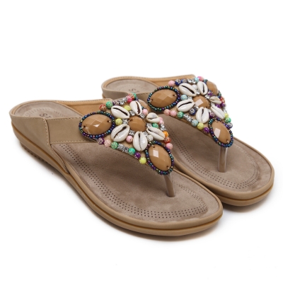 Apricot Fashion Bohemia Beach Thong Flat Women Sandals With String Bead stylesimo.com