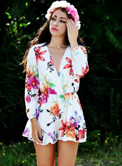 Fashion Long Sleeve Floral Printed Ruffle V Neck Women Jumpsuits LEXELFASHIONINTSHOPS.com