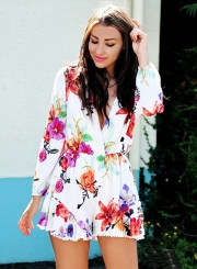 Fashion Long Sleeve Floral Printed Ruffle V Neck Women Jumpsuits