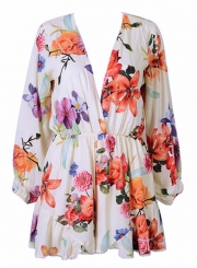 Fashion Long Sleeve Floral Printed Ruffle V Neck Women Jumpsuits