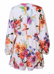 Fashion Long Sleeve Floral Printed Ruffle V Neck Women Jumpsuits