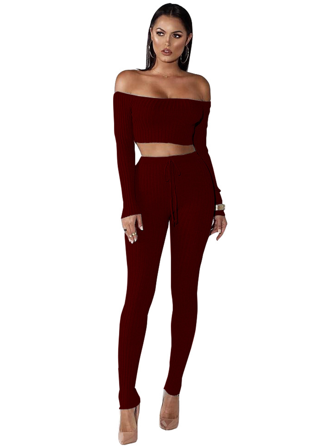 2 Piece Off Shoulder Long Sleeve Crop Top And Legging Sets STYLESIMO