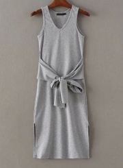 Solid V Neck Short Sleeve Bow tie Slit Bandage Tank Dress