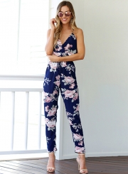 Fashion Floral Printed Cross Strap Backless V Neck Jumpsuits