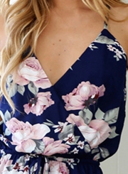 Fashion Floral Printed Cross Strap Backless V Neck Jumpsuits