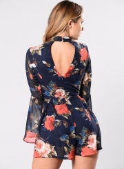 Fashion Floral Printed High Waist Flare Sleeve Deep V Neck Jumpsuits