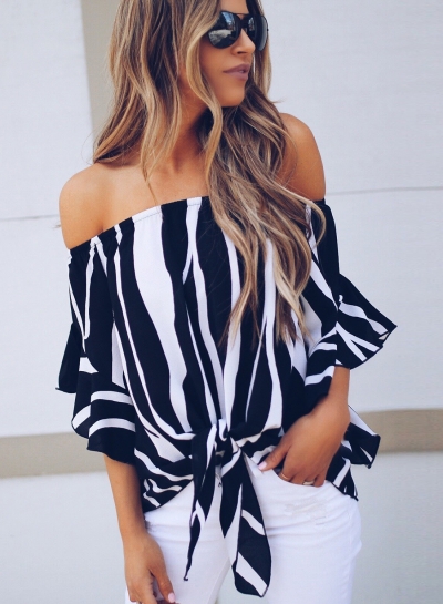 Fashion Sexy Loose Striped Flare Sleeve Off The Shoulder Blouse