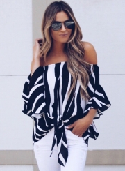 Fashion Sexy Loose Striped Flare Sleeve Off The Shoulder Blouse