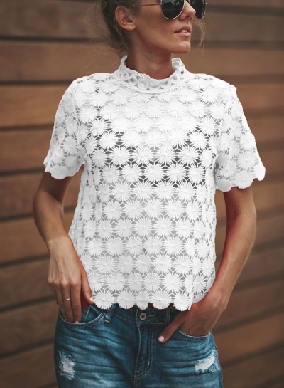 Fashion Solid Short Sleeve Floral lace Hollowed Out Tee Shirt YOUYOUFASHIONEC.com